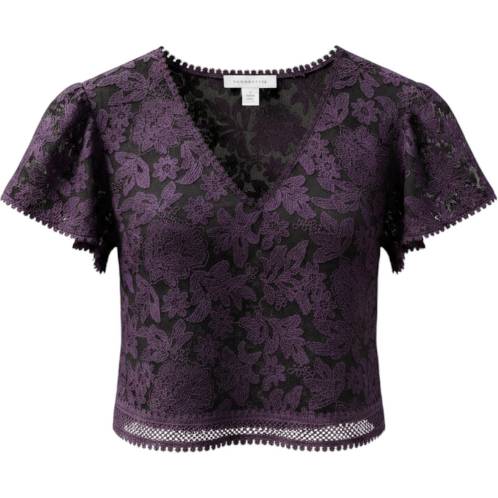 Broadway 38 Women Floral Lace V-Neck Flutter Sleeve Blouse Purple Black Small